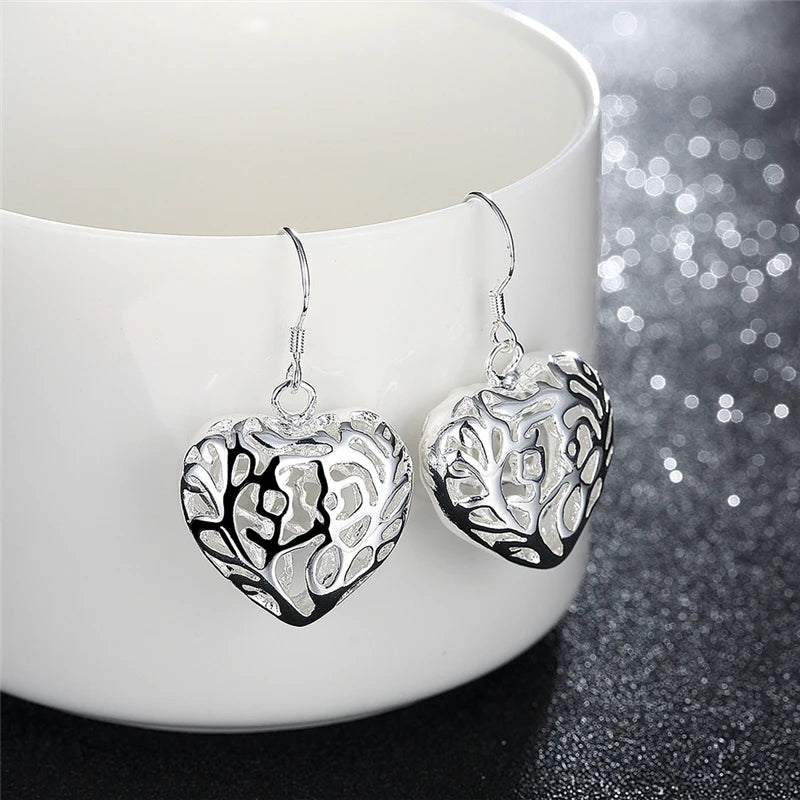 925 Sterling Silver Heart Ball Woman Wedding Engagement Party Fashion Charm Drop Earrings