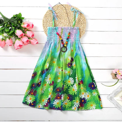 Kids Girls Floral Sling Ruffles Bohemian Beach Princess Birthday Party Dress w/ Necklace