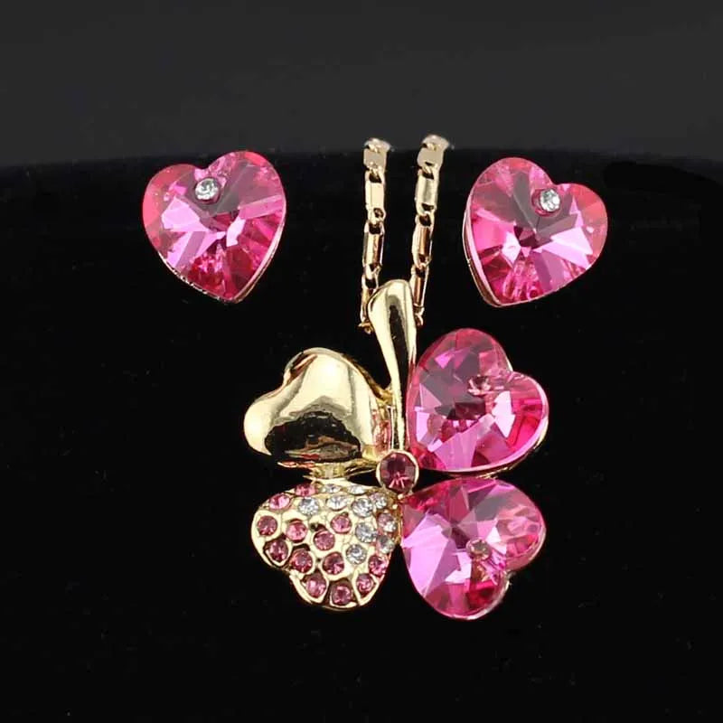 Women Crystal Clover 4 Leaf Heart Fashion Pendant Necklace Earrings Charm Lover Sets