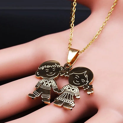 Women Mother Gold Color Boy Girl Kids Stainless Steel Necklace