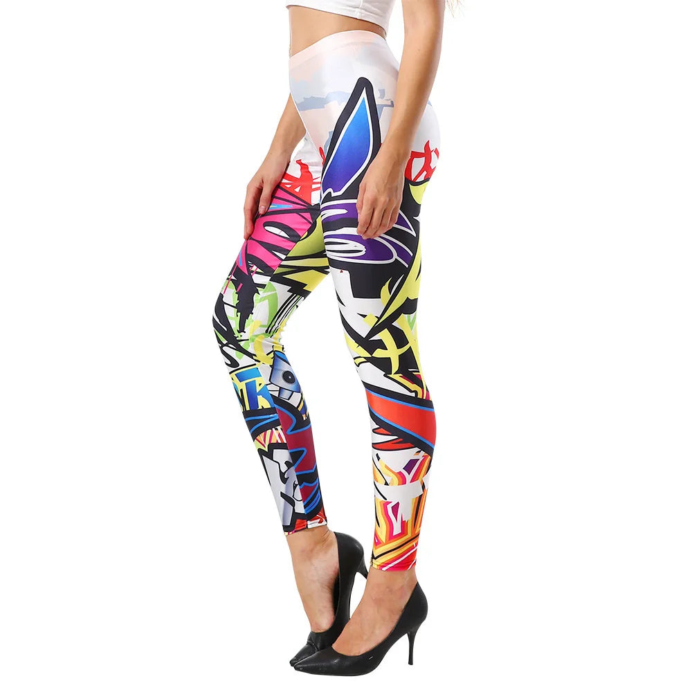 Women Fashion Colorful Comic Doodles Printed Leggings Pant