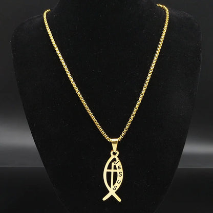 Women Men Stainless Steel Gold Color Christian Jesus Fish Cross Pendant Necklace