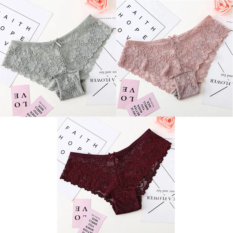 3pcs Sexy Lace Women Cozy Lingerie Briefs Underpants Low Waist Panties Underwear