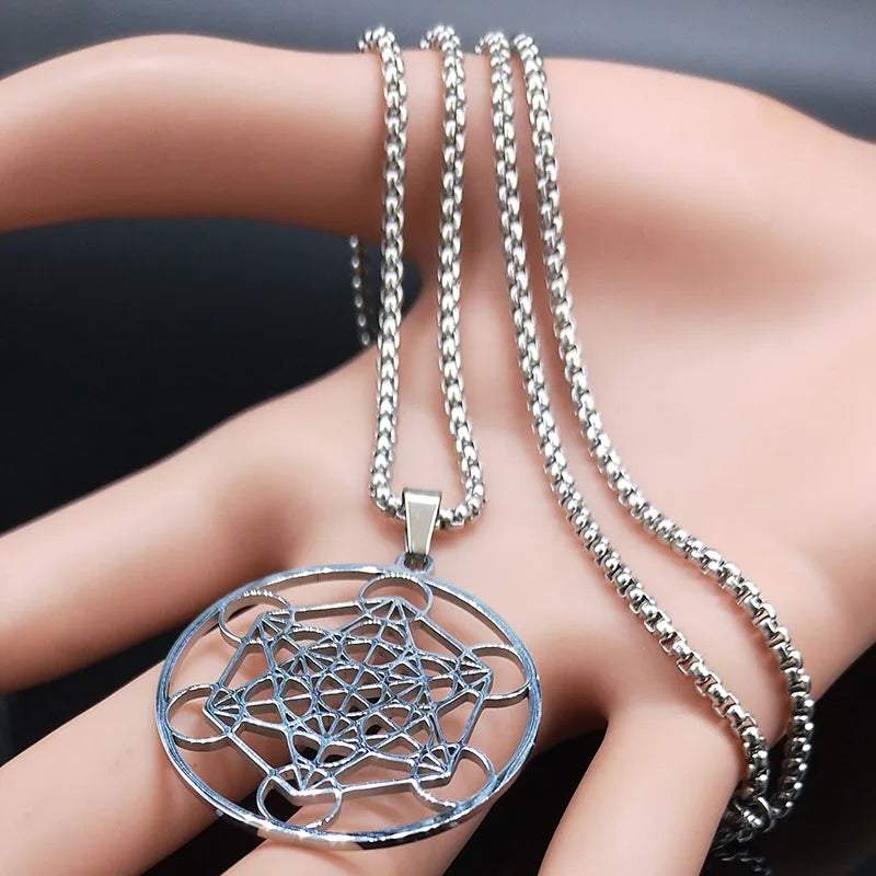 Men Sacred Geometry Angel Seal Metatron Symbol Yoga Hindu Buddhism Stainless Steel Necklace