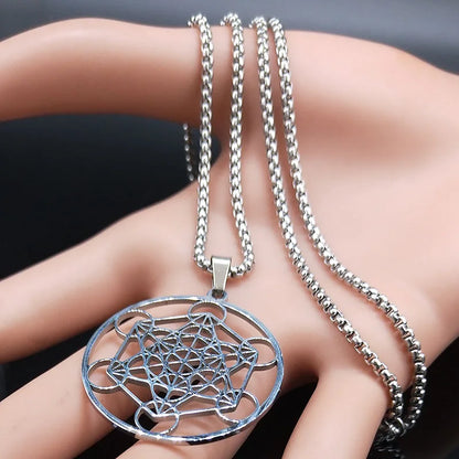 Men Sacred Geometry Angel Seal Metatron Symbol Yoga Hindu Buddhism Stainless Steel Necklace