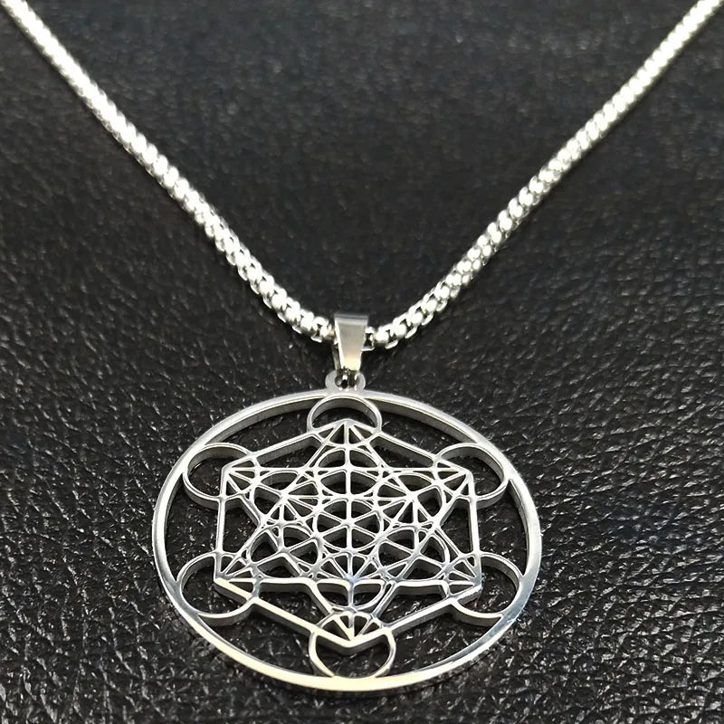 Men Sacred Geometry Angel Seal Metatron Symbol Yoga Hindu Buddhism Stainless Steel Necklace