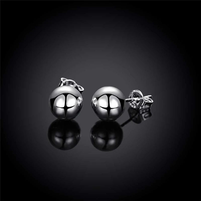 925 Sterling Silver 8/10/12mm Round Smooth Solid Bead Ball Women Wedding Engagement Stud Earrings