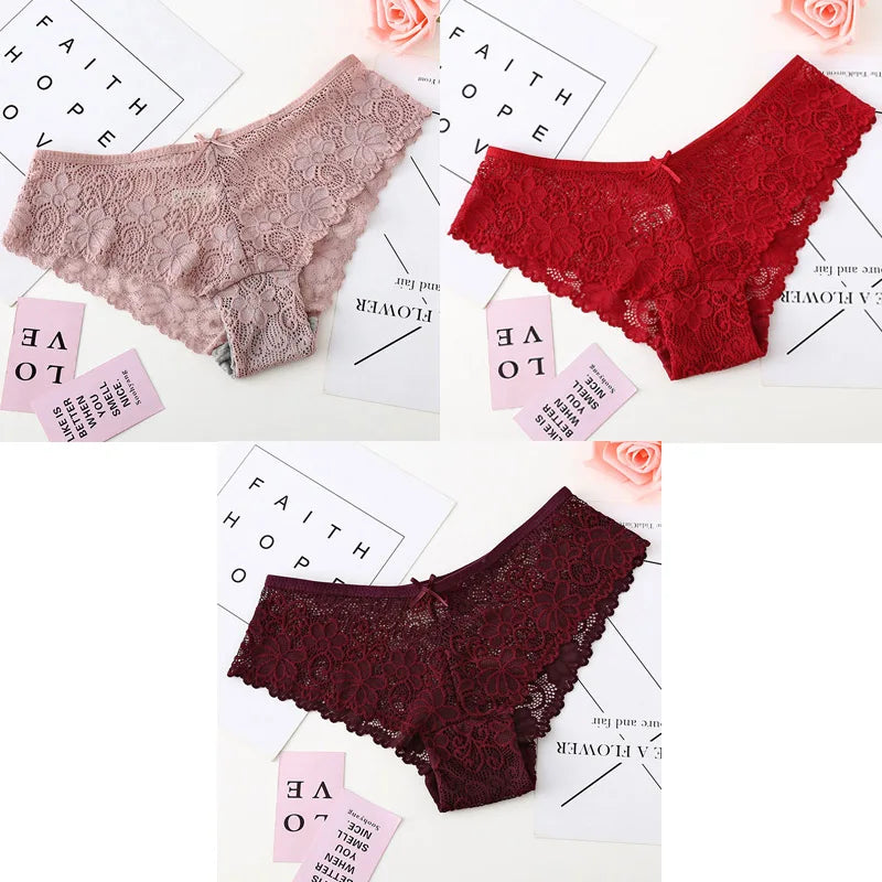 3pcs Sexy Lace Women Cozy Lingerie Briefs Underpants Low Waist Panties Underwear