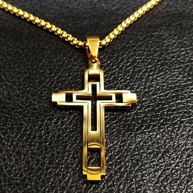 Men Fashion Cross Gold Stainless Steel Choker Cross Stainless Steel Choker Pendant Necklace
