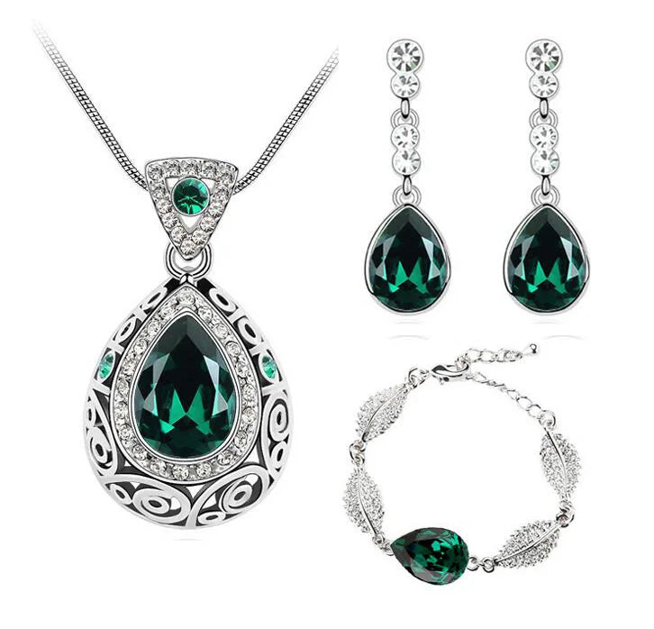 Women Austrian Crystal Green Queen Hollow Water Necklace Earrings Fashion Sets