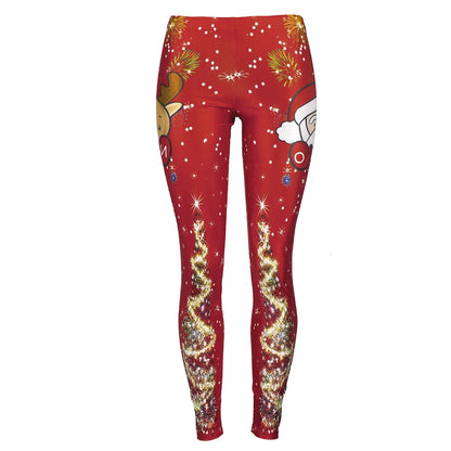 Women Santa Claus Plus Size Christmas Shiny Tree Elk Festival Fitness Legging Pant