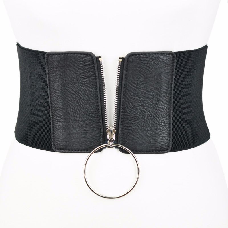 Women Wide Elastic Big Metal Circle Ring Black Waist Strap Belt