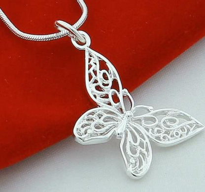 925 Sterling Silver Butterfly Snake Chain Women Wedding Engagement Pendant Necklace