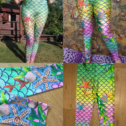 Women Mermaid Ocean Starfish Fish Scales Digital Print Leggings Workout Pants