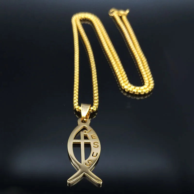 Women Men Stainless Steel Gold Color Christian Jesus Fish Cross Pendant Necklace