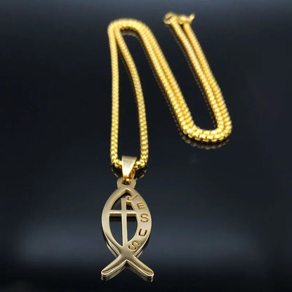 Women Men Stainless Steel Gold Color Christian Jesus Fish Cross Pendant Necklace