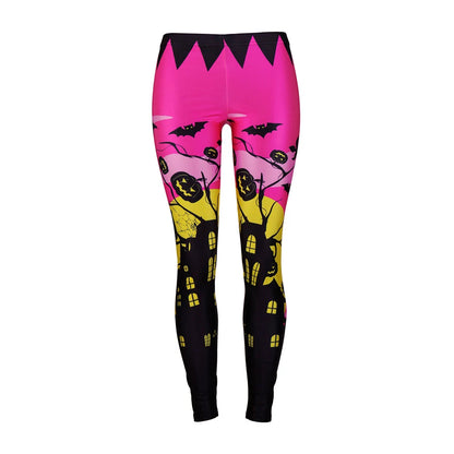 Women Halloween Haunt the House Bat Pumpkin Lantern Moon Leggings