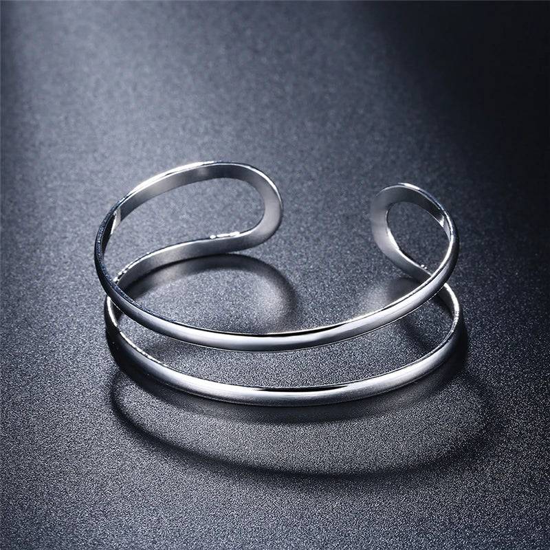 925 Sterling Silver Double Circle Line Woman Wedding Engagement Fashion Charm Party Bangle Bracelet