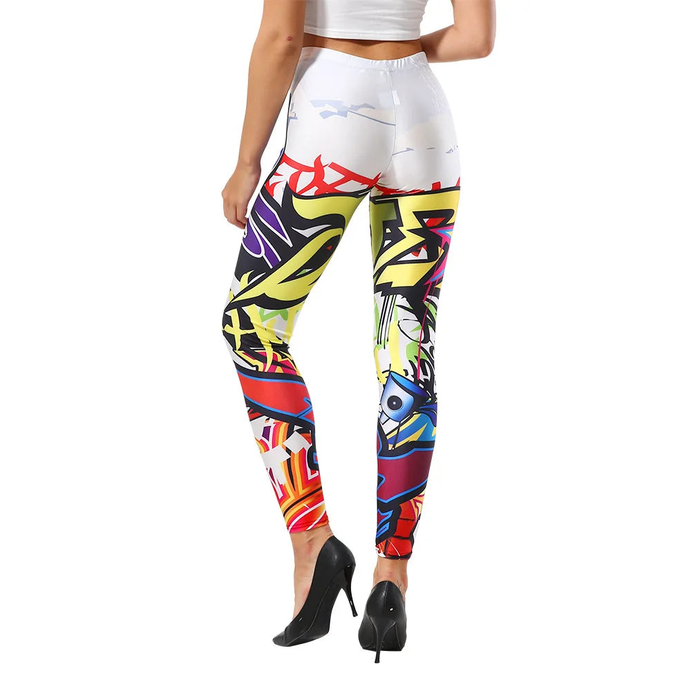 Women Fashion Colorful Comic Doodles Printed Leggings Pant