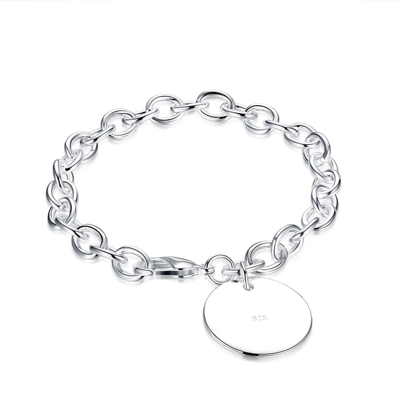 925 Sterling Silver Circle Tag Woman Fashion Wedding Engagement Party Bracelet