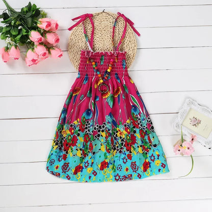 Kids Girls Floral Sling Ruffles Bohemian Beach Princess Birthday Party Dress w/ Necklace