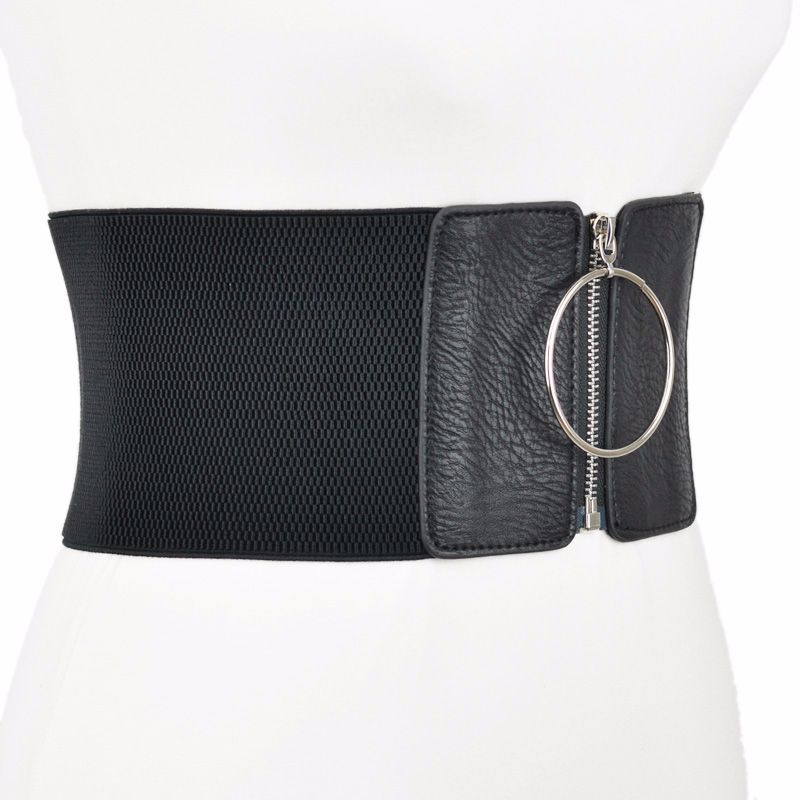 Women Wide Elastic Big Metal Circle Ring Black Waist Strap Belt