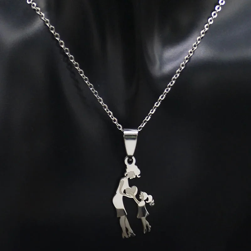 Stainless Steel Chain Kids Silver Color Women Mother Mom Daughter Necklace Pendant Necklace