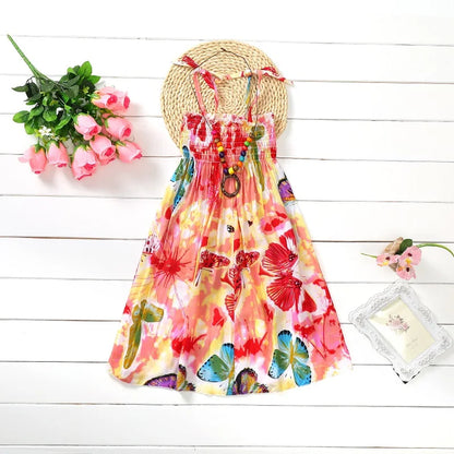 Kids Girls Floral Sling Ruffles Bohemian Beach Princess Birthday Party Dress w/ Necklace