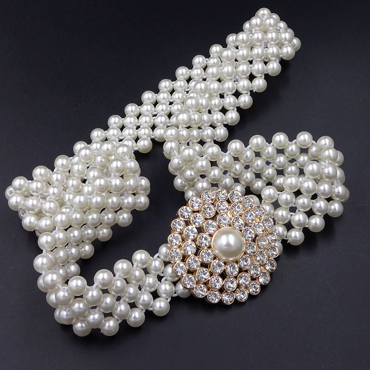 Women Pearl Floral Buckle Pearl Decors Rhinestone Wedding Elastic Belts