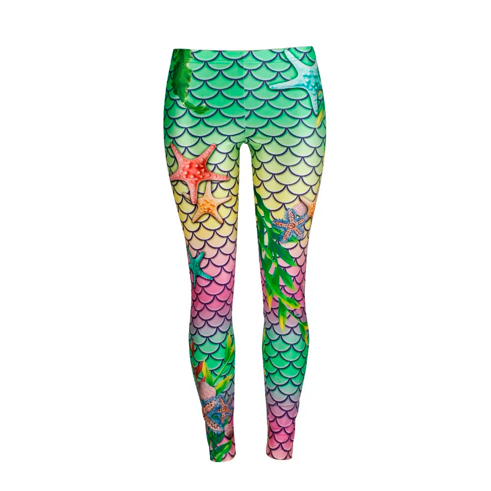 Women Mermaid Ocean Starfish Fish Scales Digital Print Leggings Workout Pants