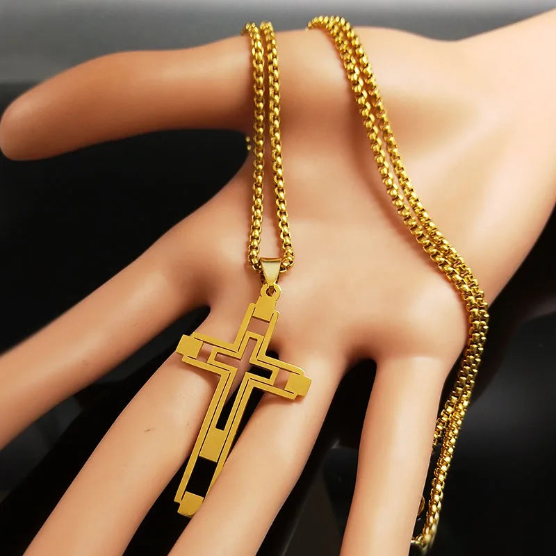 Men Fashion Cross Gold Stainless Steel Choker Cross Stainless Steel Choker Pendant Necklace