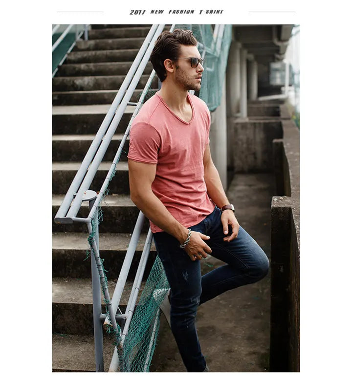 Brand Men's V-neck Slim Fit Pure Cotton Fashion Short Sleeve T-shirt Tops