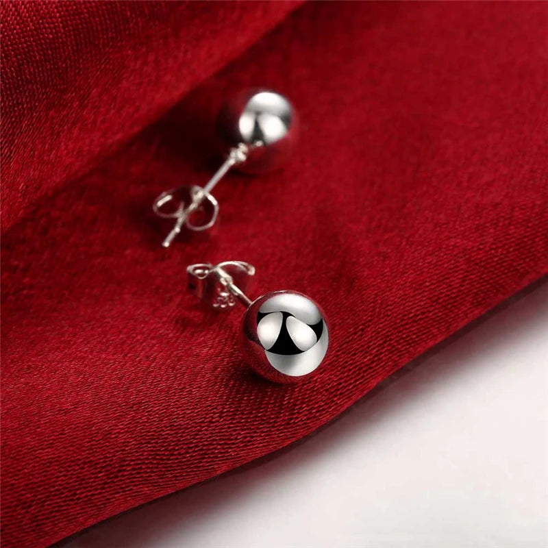 925 Sterling Silver 8/10/12mm Round Smooth Solid Bead Ball Women Wedding Engagement Stud Earrings