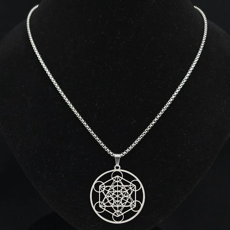 Men Sacred Geometry Angel Seal Metatron Symbol Yoga Hindu Buddhism Stainless Steel Necklace