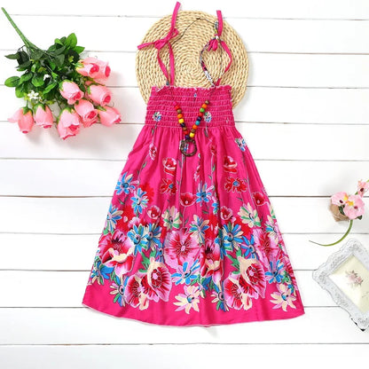 Kids Girls Floral Sling Ruffles Bohemian Beach Princess Birthday Party Dress w/ Necklace