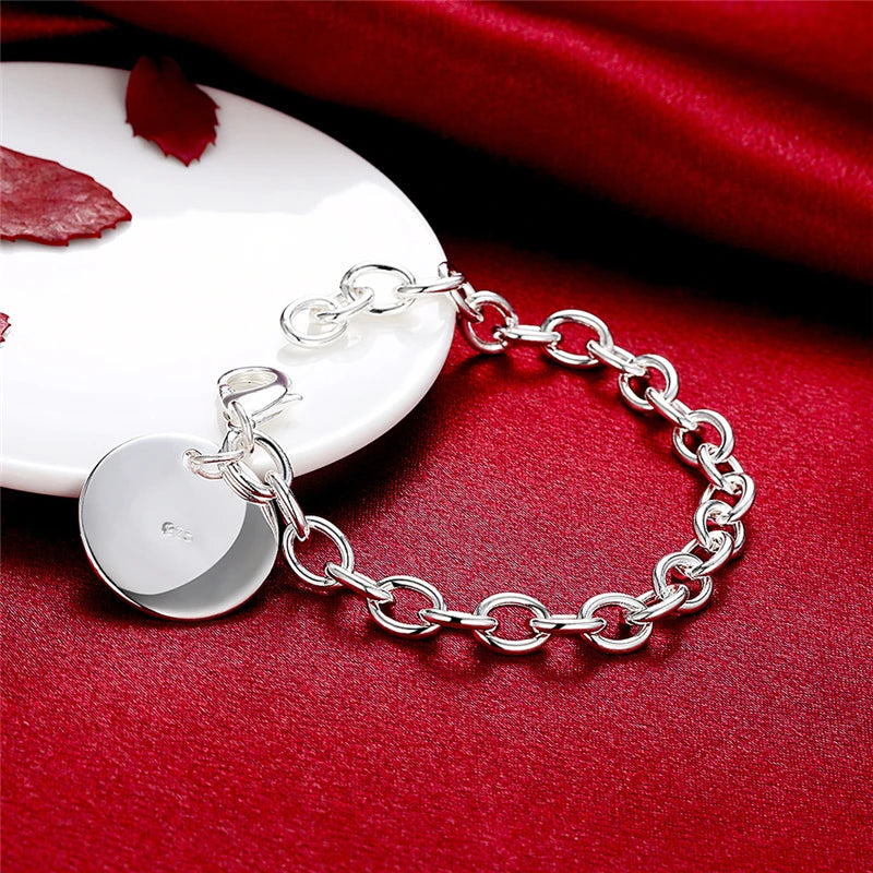 925 Sterling Silver Circle Tag Woman Fashion Wedding Engagement Party Bracelet