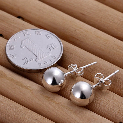 925 Sterling Silver 8/10/12mm Round Smooth Solid Bead Ball Women Wedding Engagement Stud Earrings