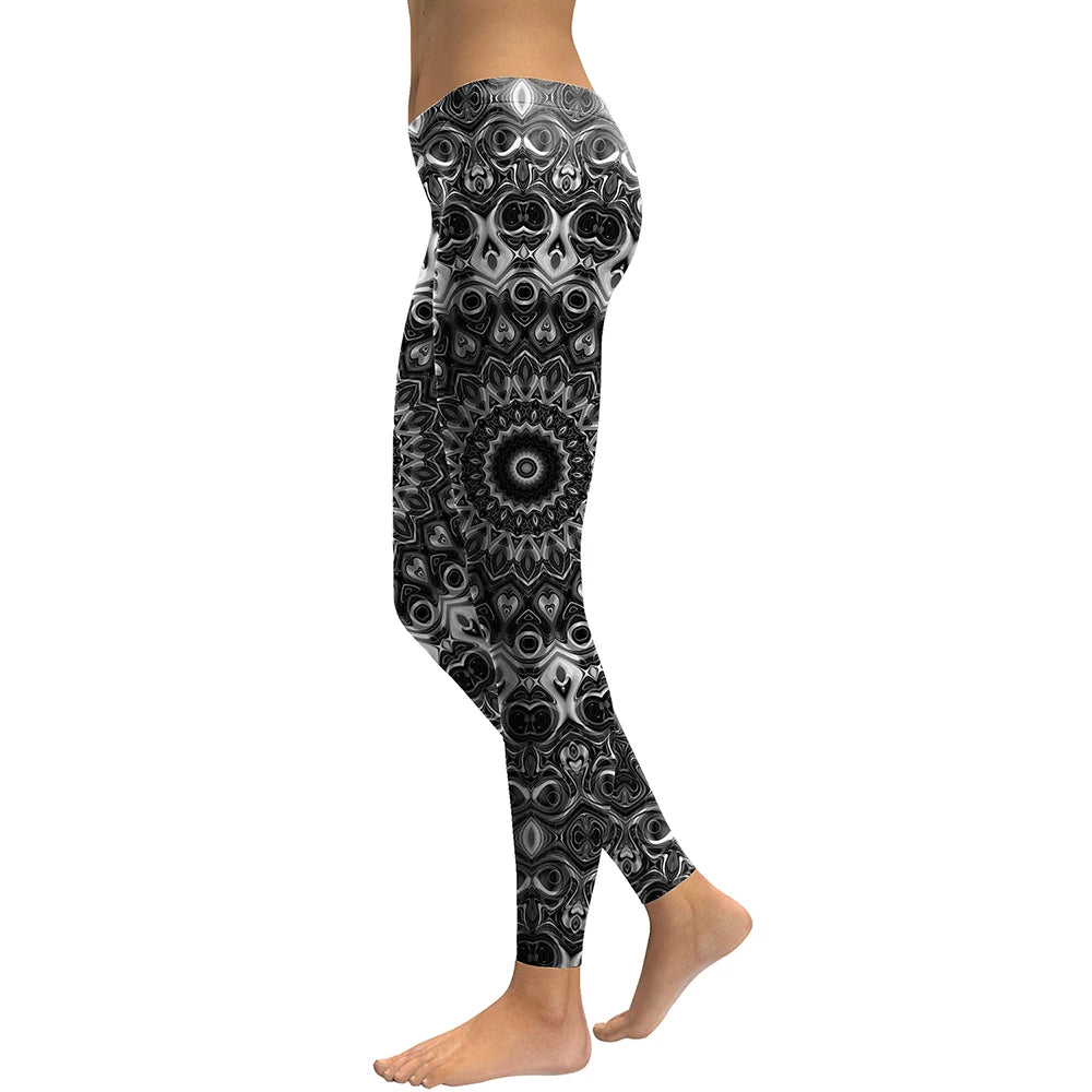 Women Fashion Mandala Flower Digital Print Skeleton Leggings Pants