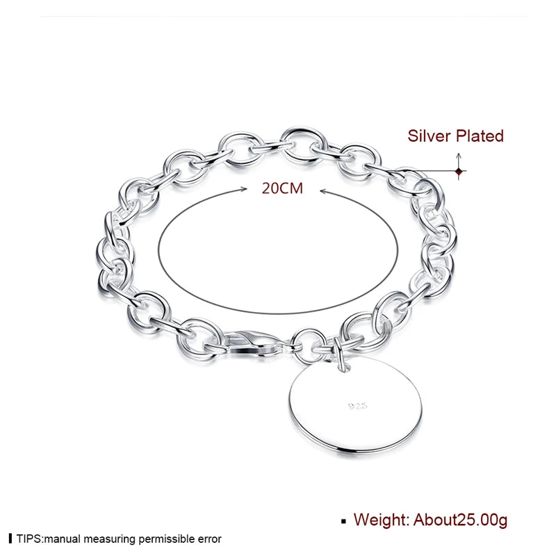 925 Sterling Silver Circle Tag Woman Fashion Wedding Engagement Party Bracelet