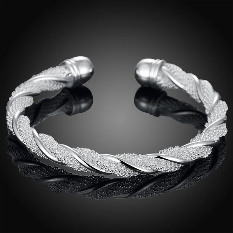 925 Silver Sterling Women Man Mesh Punk Wide Braided Chain Wristband Bracelet Bangle