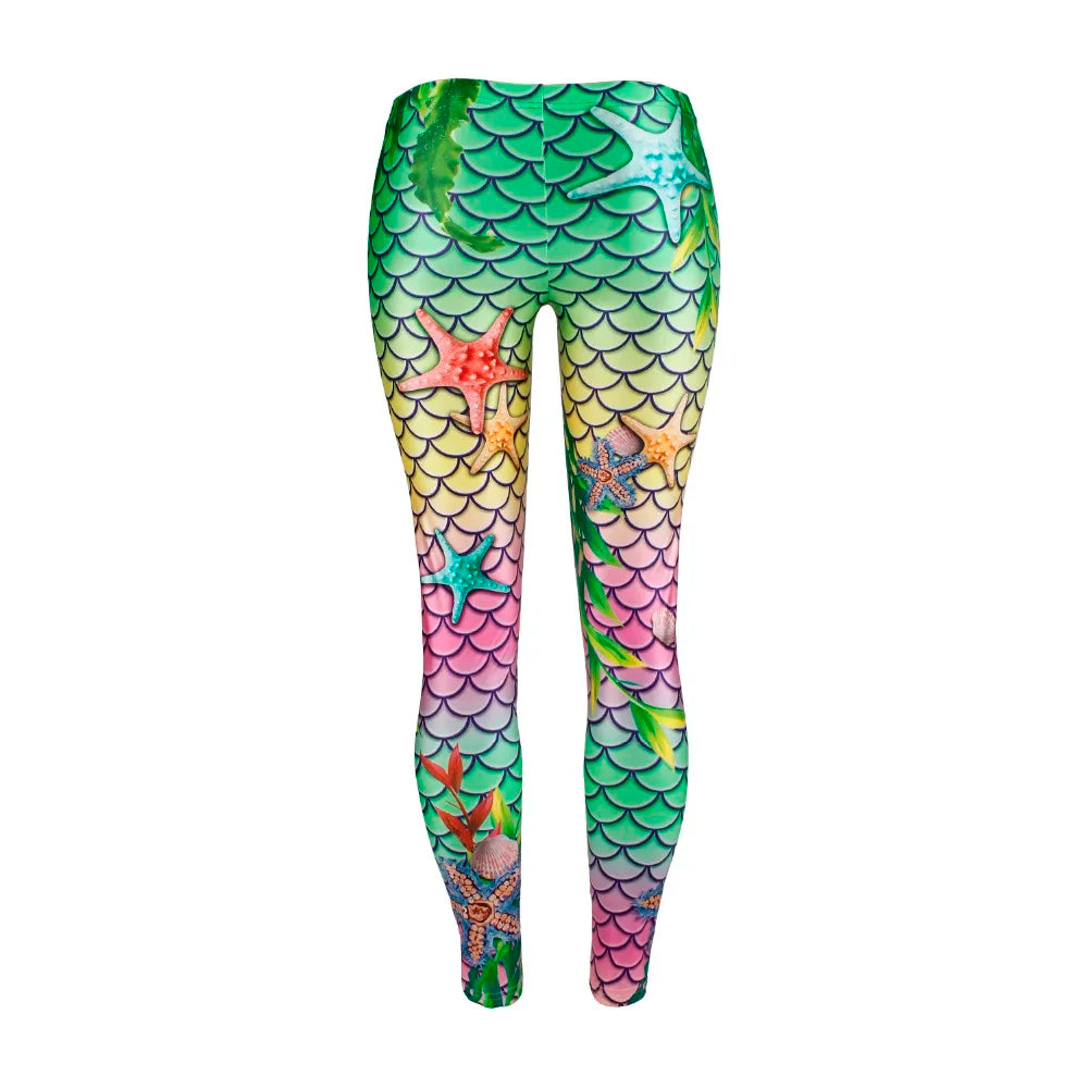 Women Mermaid Ocean Starfish Fish Scales Digital Print Leggings Workout Pants