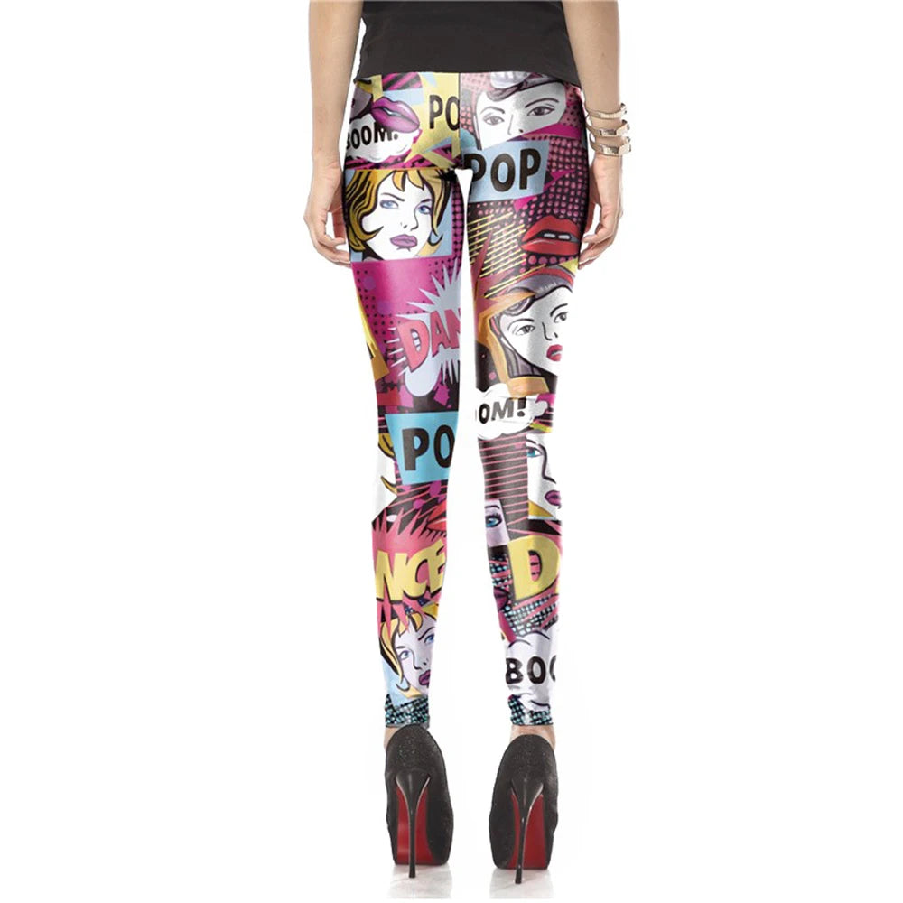 Women Fashion Colorful Comic Doodles Printed Leggings Pant