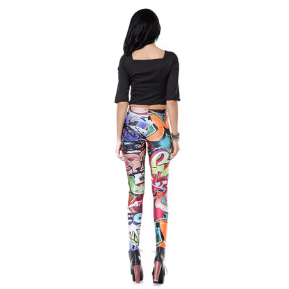 Women Fashion Colorful Comic Doodles Printed Leggings Pant