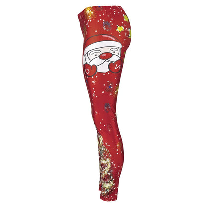 Women Santa Claus Plus Size Christmas Shiny Tree Elk Festival Fitness Legging Pant