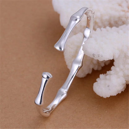 925 Sterling Silver Bamboo Joint Opening Women Wedding Engagement Party Fashion Cuff Bracelet Bangles