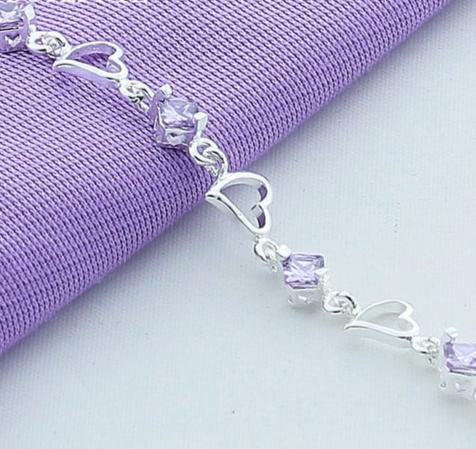 925 Sterling Silver Heart Purple Zircon Women Engagement Party Bracelet