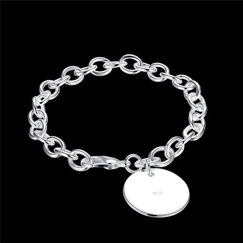 925 Sterling Silver Circle Tag Woman Fashion Wedding Engagement Party Bracelet
