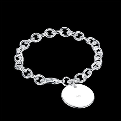 925 Sterling Silver Circle Tag Woman Fashion Wedding Engagement Party Bracelet