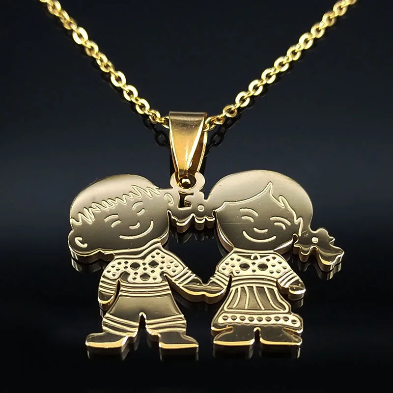 Women Mother Gold Color Boy Girl Kids Stainless Steel Necklace