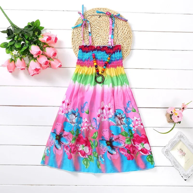 Kids Girls Floral Sling Ruffles Bohemian Beach Princess Birthday Party Dress w/ Necklace